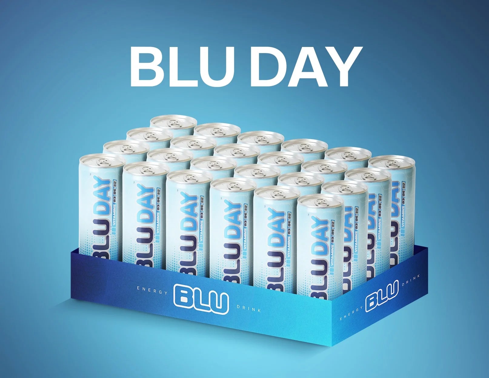 Display of BLU DAY energy drinks with a blue background