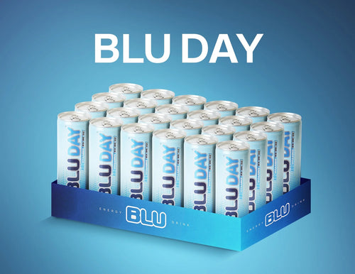 Display of BLU DAY energy drinks with a blue background